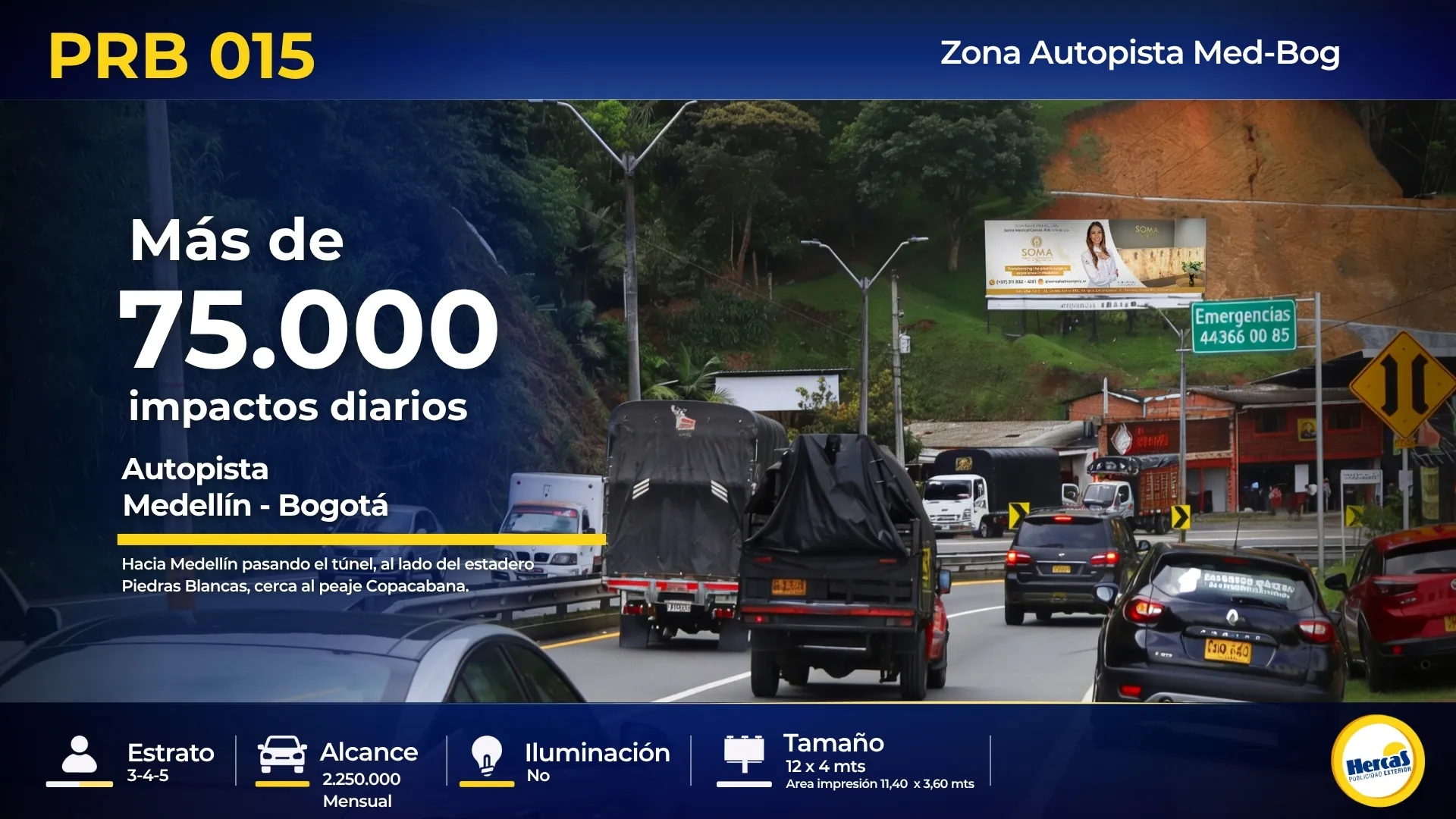 Valla publicitaria PRB-015 de Hercas en Autopista Medellín–Bogotá