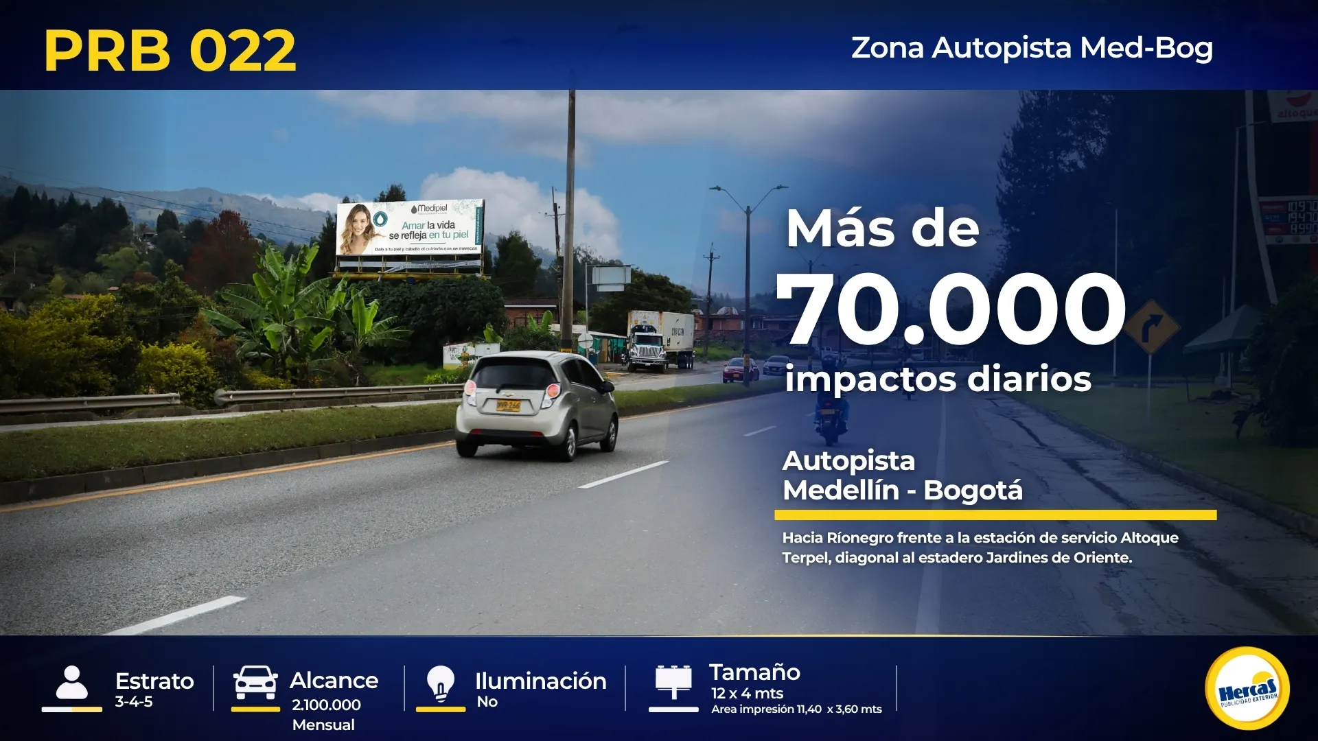 Valla publicitaria PRB-022 de Hercas en Autopista Medellín–Bogotá