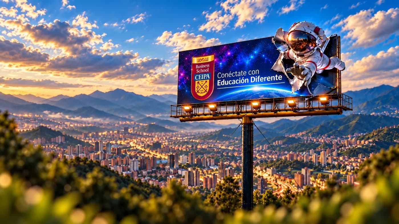 Valla publicitaria de CEIPA con astronauta sobre Medellín