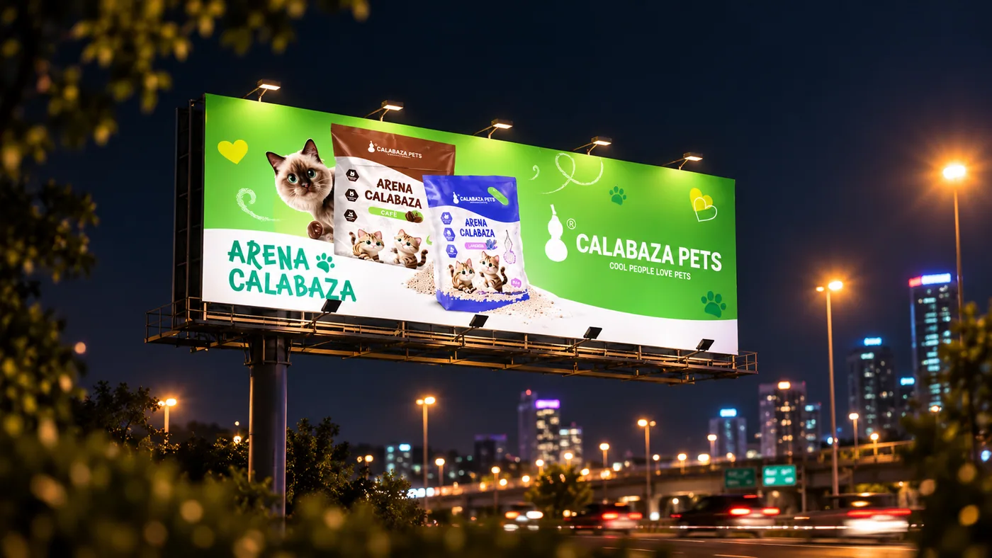 Valla publicitaria nocturna de Calabaza Pets