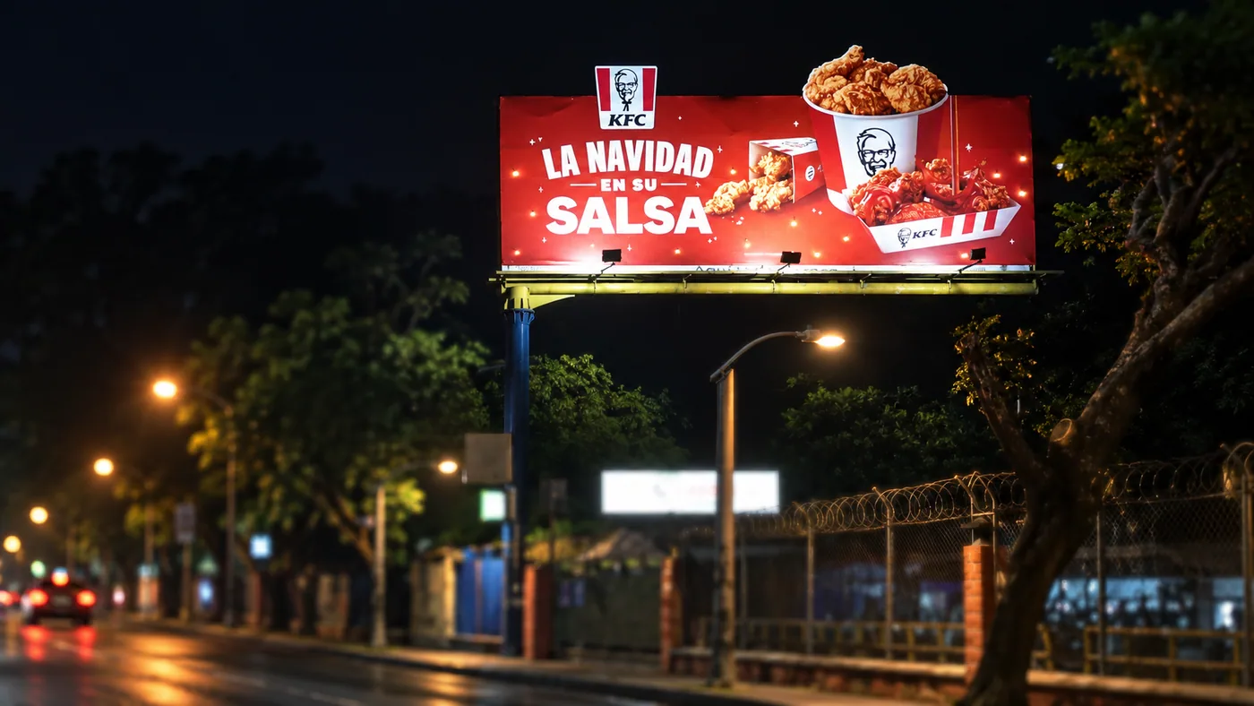 Valla publicitaria nocturna de KFC Navidad